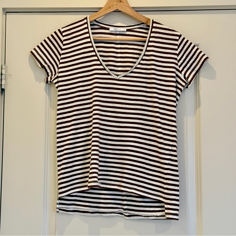 Zara Brown & White Striped V-Neck Soft Tee, Size S, 100% Cotton